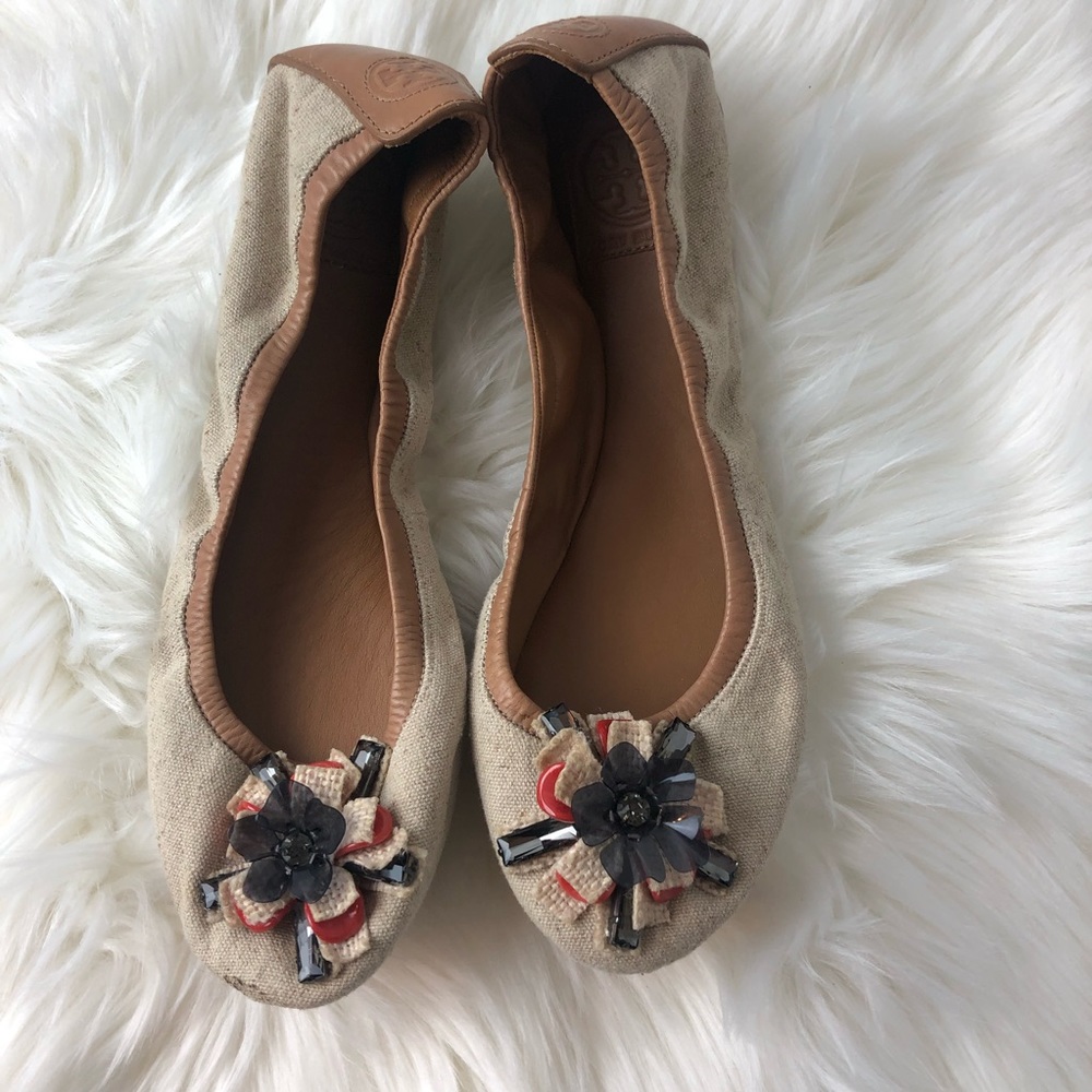 Tory Burch Floral Canvas Flats Tan Camel Leather